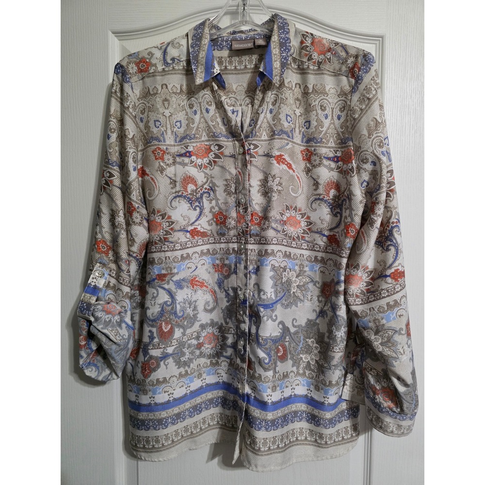 Chico's Women Size 1 Multicolor Paisley Roll Tab Button Down Shirt Office Fall